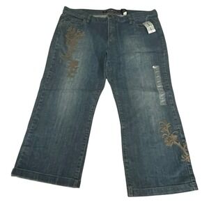 DKNY Earth Wash Mid Rise Cuff Crop Women's Jean Pant Floral‎ Embroid Size 16 NWT